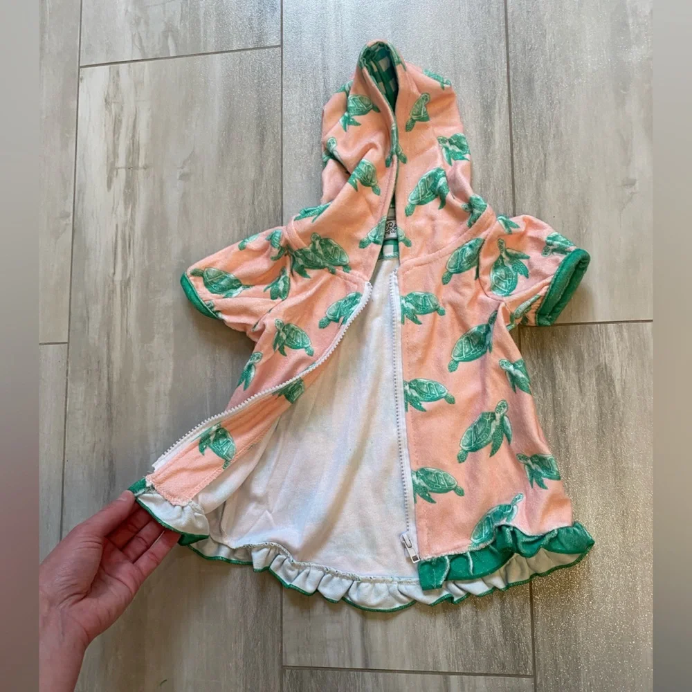 NWOT Sugar Bee Terry Cloth Sea Turtle Ruffled Zip-Up Hooded Swimsuit Cover-up 3M